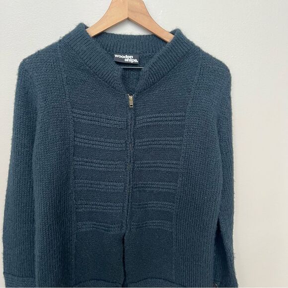 Anthropologie Wooden Ships Women's Navy Zip Up Cardigan Wool Sweater M/L - Picture 2 of 9